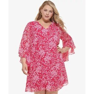129$ Calvin Klein 3/4 Sleeves Chiffon Mini Dress Plus Size 22W Bright Pink